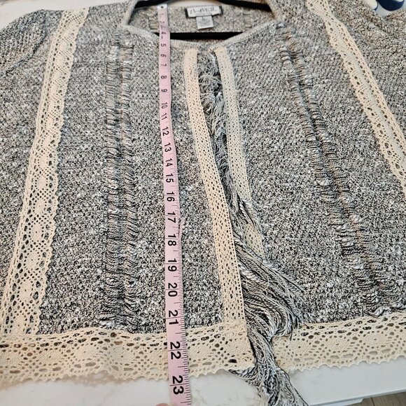 Mary McFadden Open Front Cardigan Large Boho Fringe Lace Tweed Gray - Picture 8 of 9